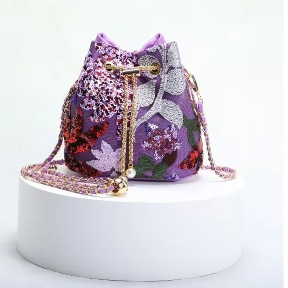 Floral Sequin Bucket Bag Gold Chain Bird Motif Crossbody - Picture 4 of 9